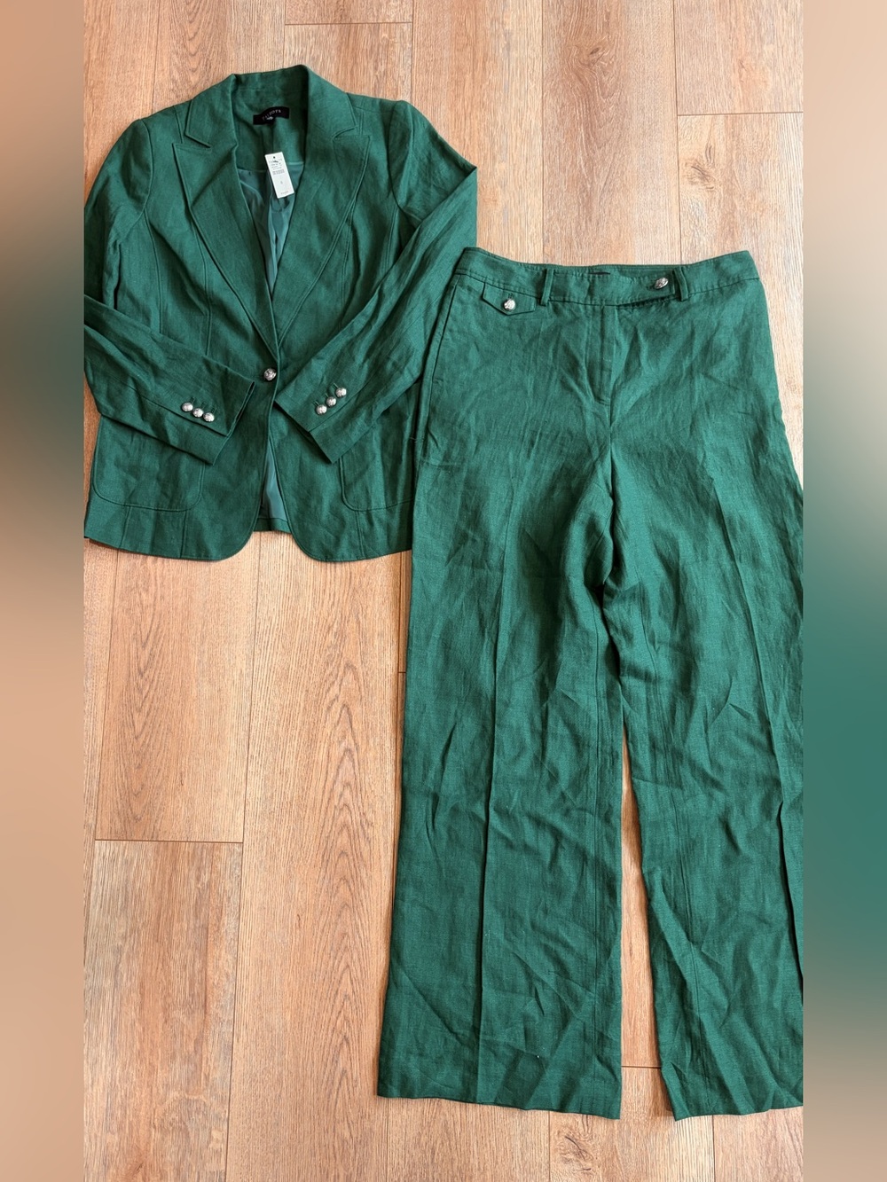 Talbots Emerald Green 100% Linen Suit Blazer Greenwich Wide Leg Pants Set Size 8